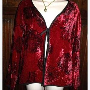 Chico's red velvet kimono-style jacket with black floral